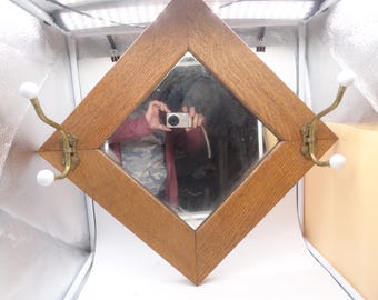 Vintage Oak Wall Mirror with 2 Brass Hooks, Home Decor, Square