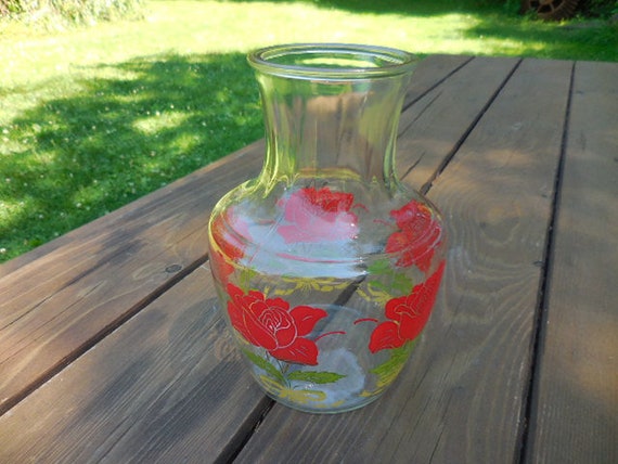 Vintage 1950s to 1960s Clear Glass Beverage Carafe Red Rose Anchor