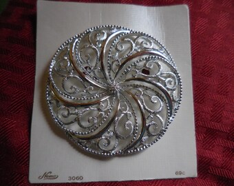 Vintage Women's Large Signed Nemo Brooch 1950s to 1970s Silver Tone Marked Nemo 3060 NOS Huge Filigree Brooch Swirl Pin Ladies Pin Gift