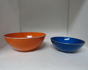 Vintage Norwegian Emalox Small Blue or Orange Color Metal Nut Dish Candy Holidays Small Bowl Aluminum Norway Modern Choice 1950s 1960s