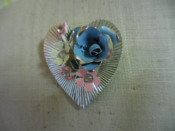 Vintage Women's Heart & Enamel Flowers Pin Blue P… - image 1