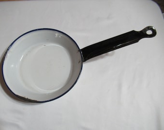 Vintage Swedish Mini White Blue & Black Enamel Frying Pan Small Hangable Handle Made in Sweden Farmhouse Metal Tiny Frypan 1940s 1950s