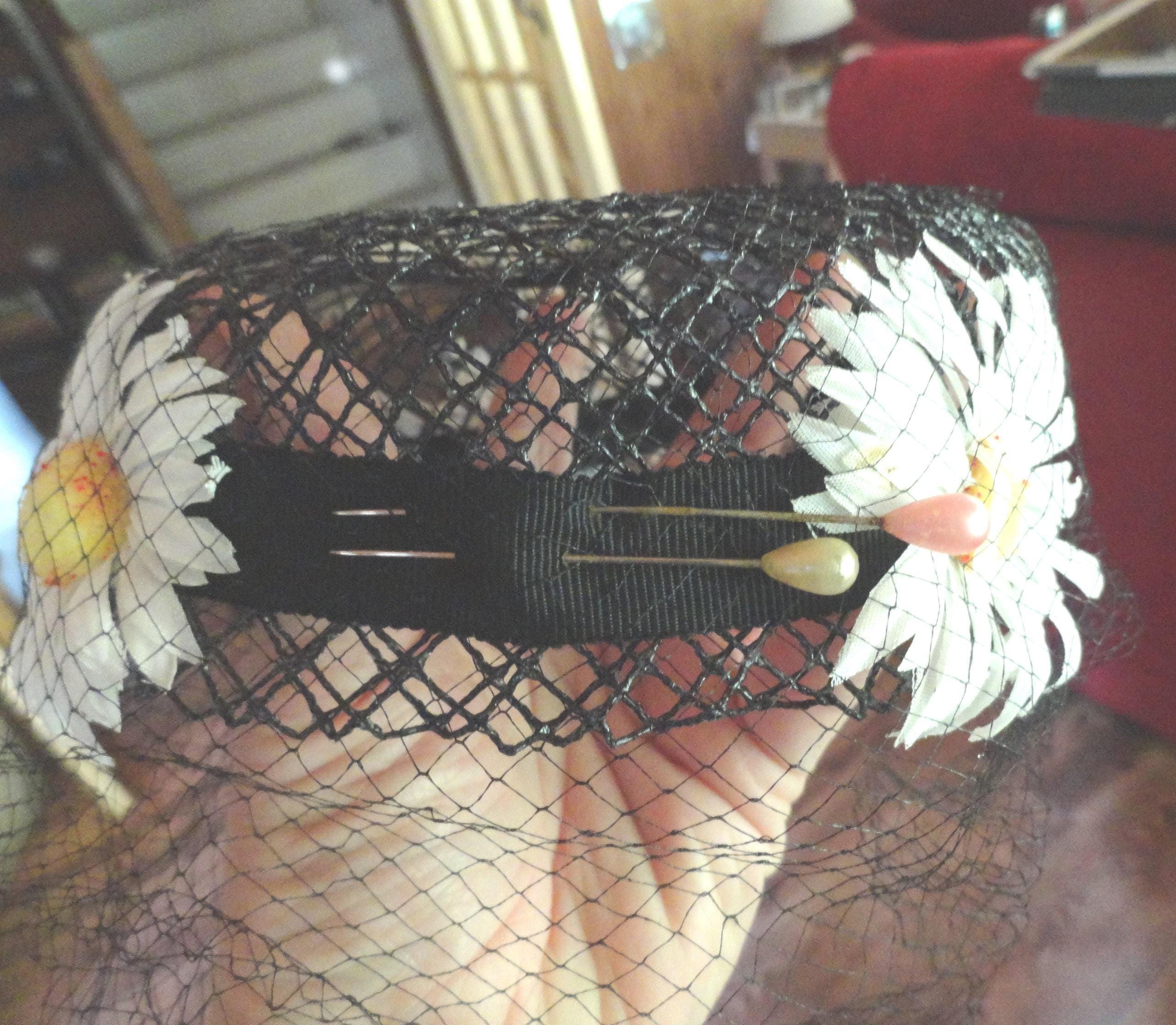 SALE Vintage Wide Brim Black Hat with Hidden White Daisy Swag Vintage Black Hat With White Daisy Flowers, Netting & 2  main image 4