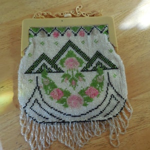 Vintage Women's Art Deco Glass Beaded Purse Celluloid Framed Purse Fringe Not Perfect Green & Pink Flowers Push Button Open 1920s 1930s