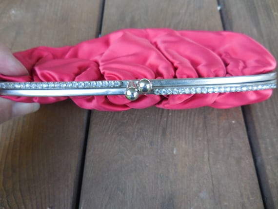 Vintage Women's Red Satin Fabric Purse Clear Rhin… - image 2