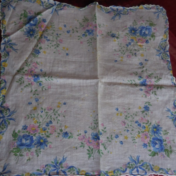 Vintage Women's White Handkerchief Blue/Pink/Yellow Flowers Bows 1950s 1960s Something Blue Scalloped Edges Thin