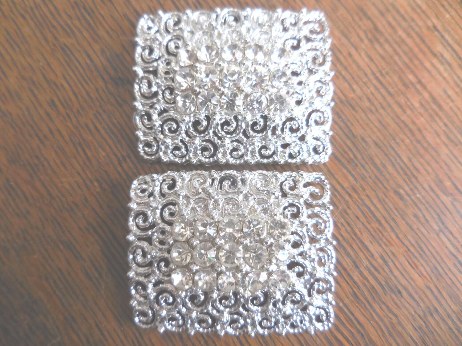 Vintage Tip Toe Rhinestone Shoe Clips, Silver Tone, Rectangle Filigree, 1950s-60s