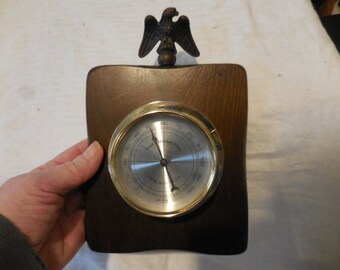 Vintage 1960s to 1970s Stained Wood/Metal Eagle Colonial Wall Hanging Gold Tone Springfield Thermometer Made in USA Retro Movie Prop