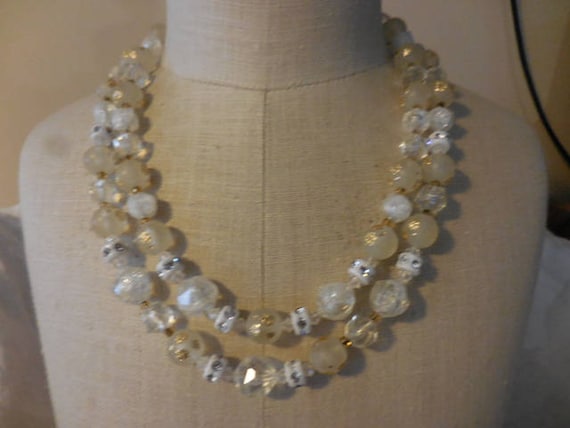 Vintage Women's Double Strand White & Clear Glass… - image 1