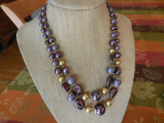 Vintage Women's Purple & Gold Plastic Beaded Neck… - image 1