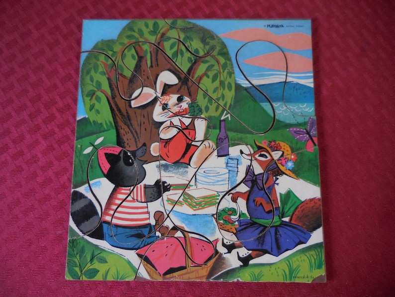 Vintage 1950s to 1960s Playskool Picture Puzzle Kids Children Animal Picnic Printed in USA Bunny RabbitFoxRaccoon 6 Large Pieces