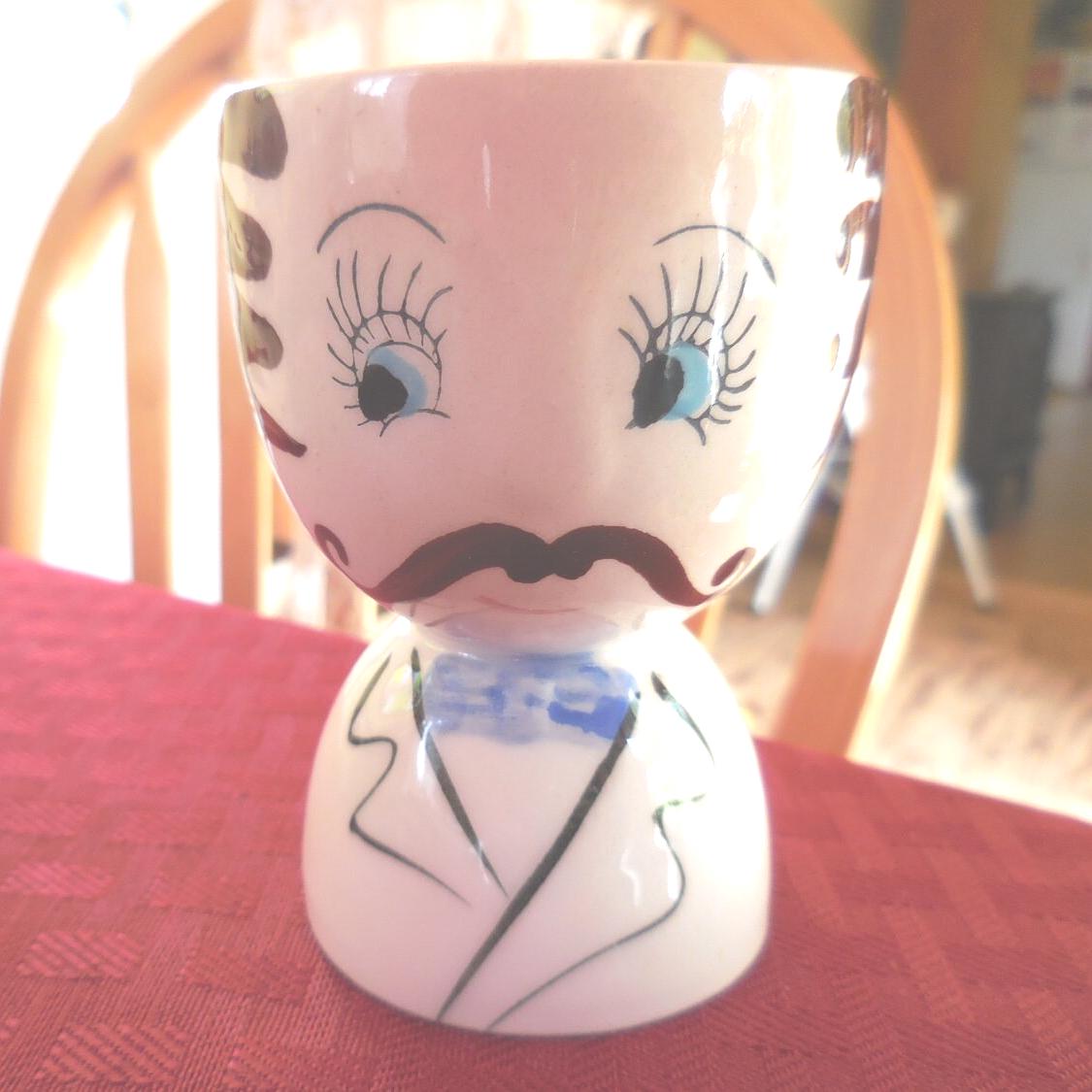 Vintage Egg Coddler Egg Cup Man's Face Mustache Barber Quartet 1940s 1950s MOP Shell Spoon Blue Eyes White Bow Tie Retro Kitchen