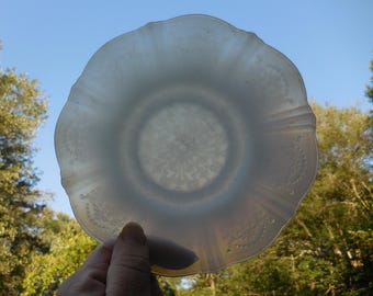 May include: A translucent, scalloped-edge plate with a floral pattern. The plate is held up against a blue sky and trees, showcasing its delicate design and subtle color variations. The plate's rim has a ruffled edge.