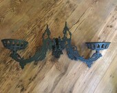 Vintage 1940s to 1960s Emig Black Cast Metal Double Sconce Hurricane Lamp Plant Holder Wall Hanging Scroll Farmhouse Country Home Decor