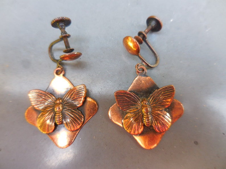 Vintage 1960s to 1970s Copper Screw Back Earrings Non Pierced Dangle Butterflies Retro Mid Century