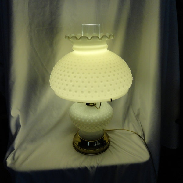 Vintage Hobnail Milk Glass Lamp Gold Tone Metal Home Decor Ruffle Edge Clear Glass Chimney 1950s to 1970s Parlor Light Farmhouse Country