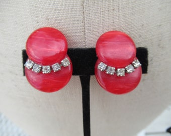 Vintage Women's Red Double Disk Plastic Earrings Lightweight 1950s 1960s Clip on Earrings Non Pierced Rhinestones Gold Tone Backings