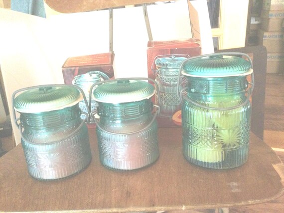 Vintage Avon Aqua Glass Jar with Wire Bail, Choice, Candle, Soaps