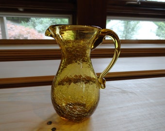 Vintage Hand Blown Glass Yellow Gold Crackle Pitcher Glass Small Pitcher 1960s 1970s Handle Transparent Collectible Display Creamer Spout