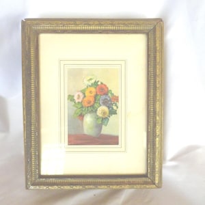 Vintage Gilded Wood Jewelry Box Stationery, Letter Hinged Vase of Flowers Glass Top Mirror Inside Compartments Vanity 1930s 1940s