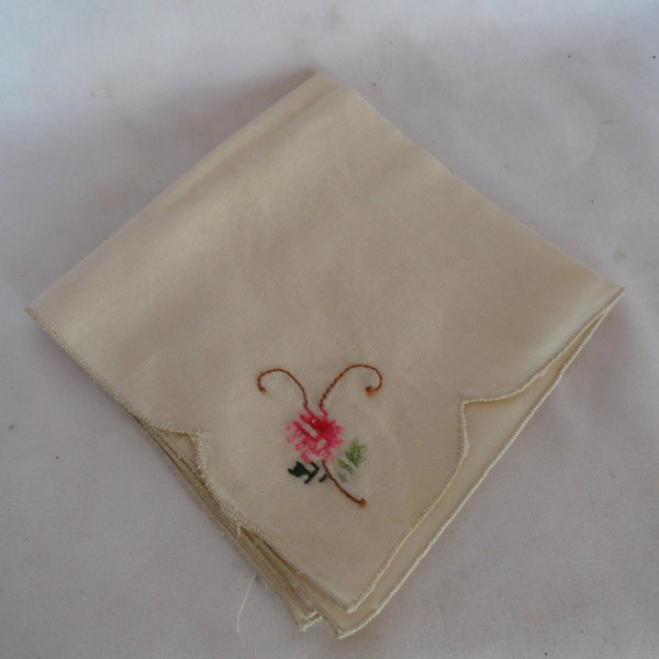 Vintage Off White Linen Embroidered Napkin Pink Flower Green Leaves Square Repurpose Reuse Recycle Sewing Project 1950s 1960s