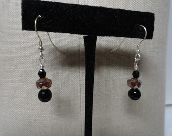 Women's Glass Vintage Beaded Black Brown Carnival Glass Sterling Silver Handmade Dangle Earrings Small Petite Simple Ladies or Girl's Gift