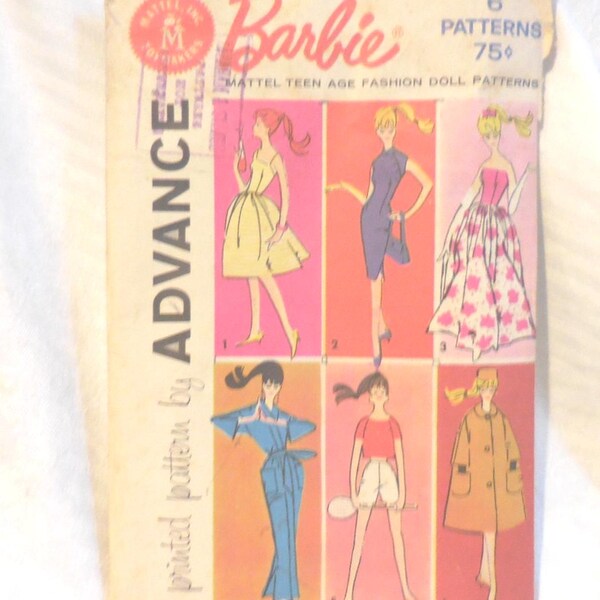 Vintage Barbie Doll Clothes Pattern by Mattel, 9938, 6 Patterns, 1961, NOS, 1960s