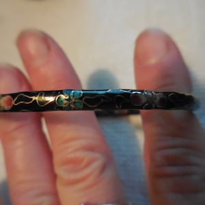 Vintage Women's Black Cloisonne' Bangle Bracelet Pink Blue Gold Yellow Flowers Ladies Gift 1980s 1990s