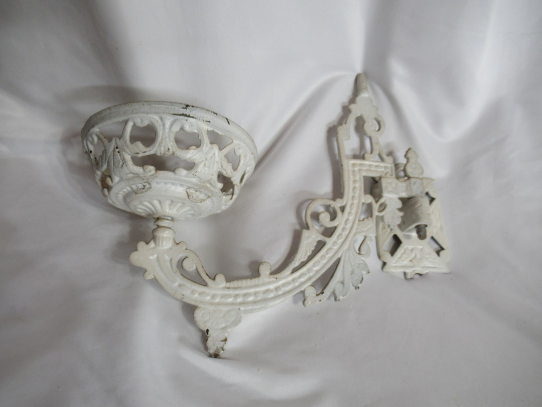 Antique Single White Cast Iron Hurricane or Kerosene Lamp Holder Swing