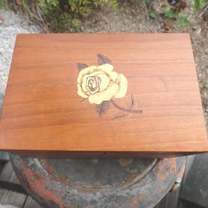 Vintage Wooden Jewelry Box Rose Inlay Finger Jointed Hinged Hand Crafted Divided Small Wood Stash Box Playing Cards 1960s to 1980s