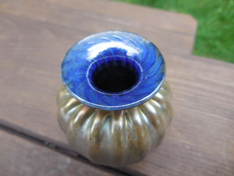 Vintage 1990s SmallTiny BlueGoldPurple Luster Vase 1996 Flare Top Retro Decor Hand Blown