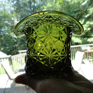 Vintage Avocado Green Glass Top Hat Daisy Button Pattern Shaped Dish Pen Pencil Holder Home Decor Decorative Retro 1950s to 1970s