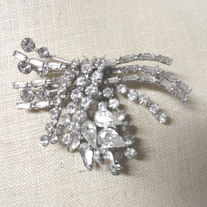 Vintage Austrian Rhinestone Pin Large Pronged 1950s 1960s Teardrop Round Baguette Shape Brooch Made in Austria Sparkly Silver Tone