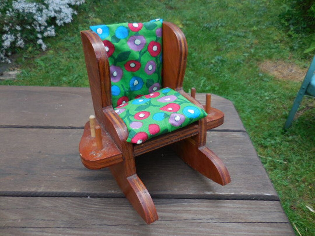 Vintage Wooden Sewing Rocking Chair Caddy Scissors Thread Notions 1950s
