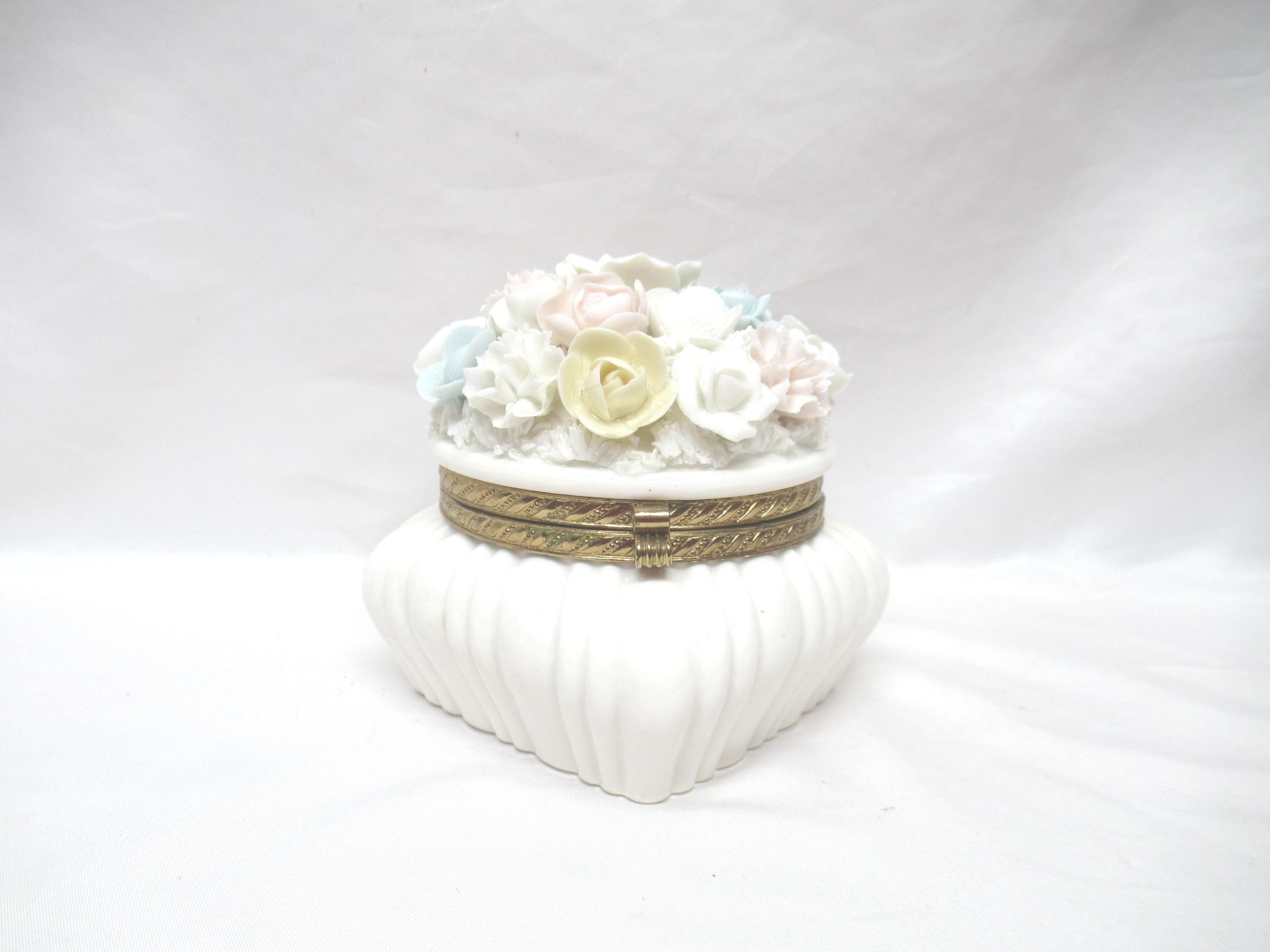 Vintage Ardalt Japan Floral Trinket Box, Gold Accent Band, Hinged