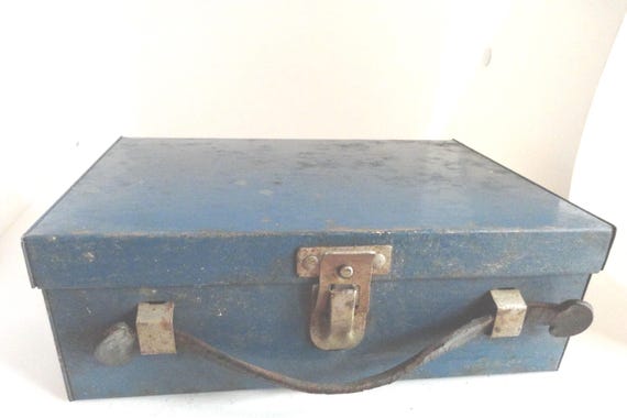 Vintage Blue Metal Lunchbox, Child's, Thermos, 1920s-40s