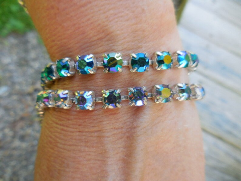 Vintage 1950s to 1970s Silver Tone Iridescent Pronged Rhinestone Bracelet Either BlueGreen or PinkPurple Snap Clasp Retro 1