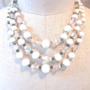 Vintage White 3 Strand Necklace Clear & Black Plastic and Glass Iridescent 1950s 1960s Crystals Adjustable Gold Tone Use Recycle