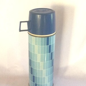 Vintage Coffee Thermos, Blue Geometric Pattern, King Seeley