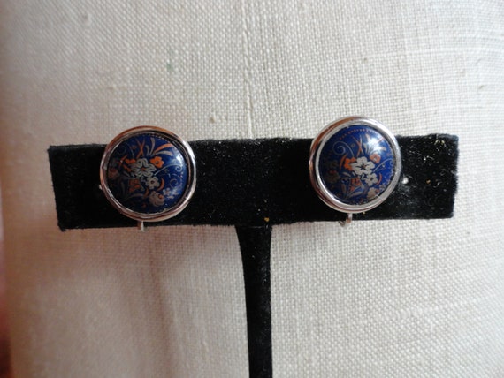 Vintage Women's Small Blue & Silver Earrings Roun… - image 1