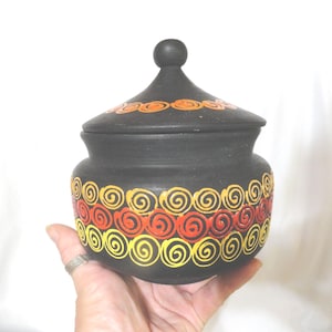 Vintage Bitossi Lidded Pot, Jar, Italian Pottery, Black with Swirls