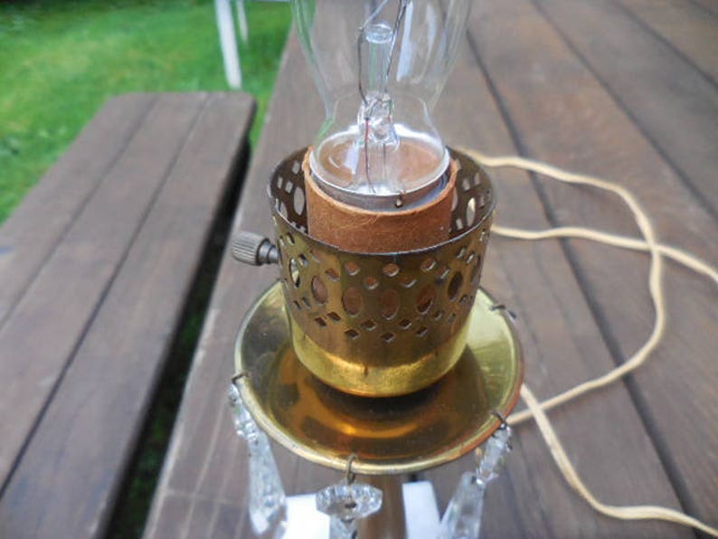Vintage 1950s to 1960s Marble Based Small Accent Lamp Glass Hanging Crystals Gold Tone Night Stand Bedroom Fancy No Shade Electric Plug in