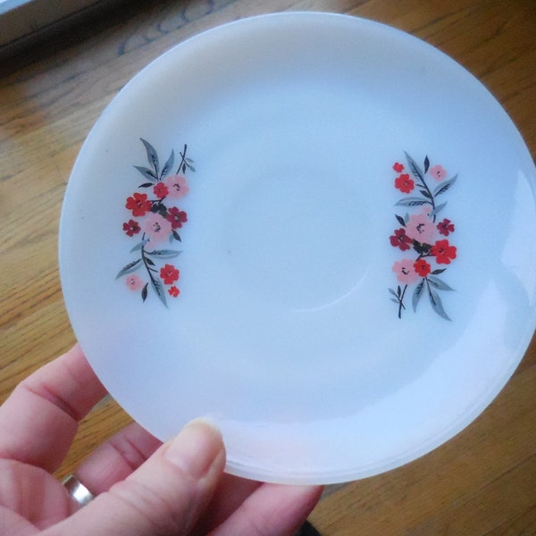 Vintage Fire-King Milk Glass Saucer Pink & Red Flowers No Cup 1940s 1950s Made in USA Ovenware Art Deco Era Retro Single USA Made