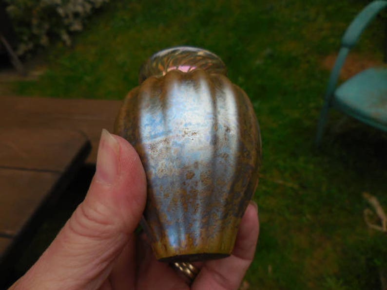 Vintage 1990s SmallTiny BlueGoldPurple Luster Vase 1996 Flare Top Retro Decor Hand Blown