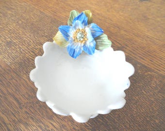 Vintage Capodimonte Dish, Italian, White with Blue Flowers, 1920s-40s, Made it Italy