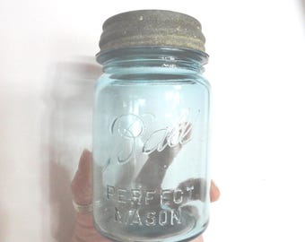 Ball Ideal Quart Mason Jar, PAT'D July 14 1908, Aqua Glass With