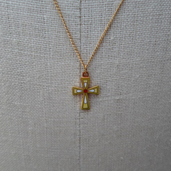 Vintage Little Girl's Tiny Blue Yellow Orange & Green Cross Necklace 1970s Crucifix Taiwan Gold Tone Chain Small Child's Little Girl's