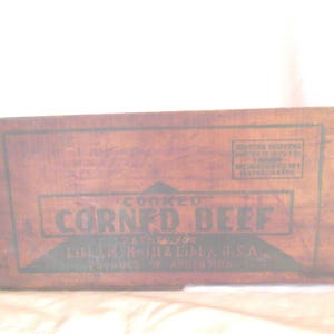 Vintage Libby's Corned Beef Holzkiste, Werbung mit blauer Schrift, Bauernhaus-Küchendekor, 1930er-40er Jahre