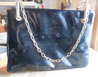 Vintage Black Vinyl Purse with Gold Chain Handle, 1950s-60s, Signed