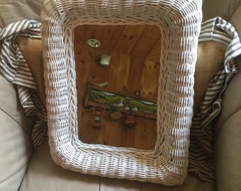 Vintage White Wicker Wall Mirror Small Rectangle Wall Hanging Home Decor Bedroom Bathroom Weaved Girl’s Room Not Perfect 1970s 1980s